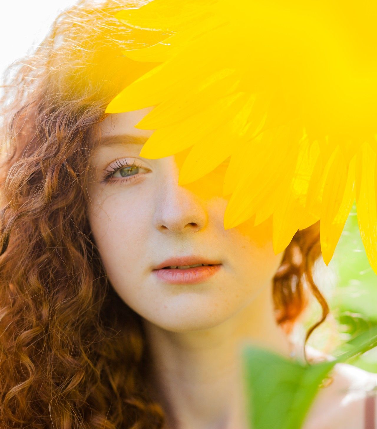 Woman eyes behind yellow flower